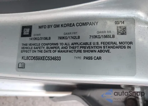 2014 Chevrolet Spark 1Lt Auto from USA, damaged, VIN KL8CD6S9XEC534833